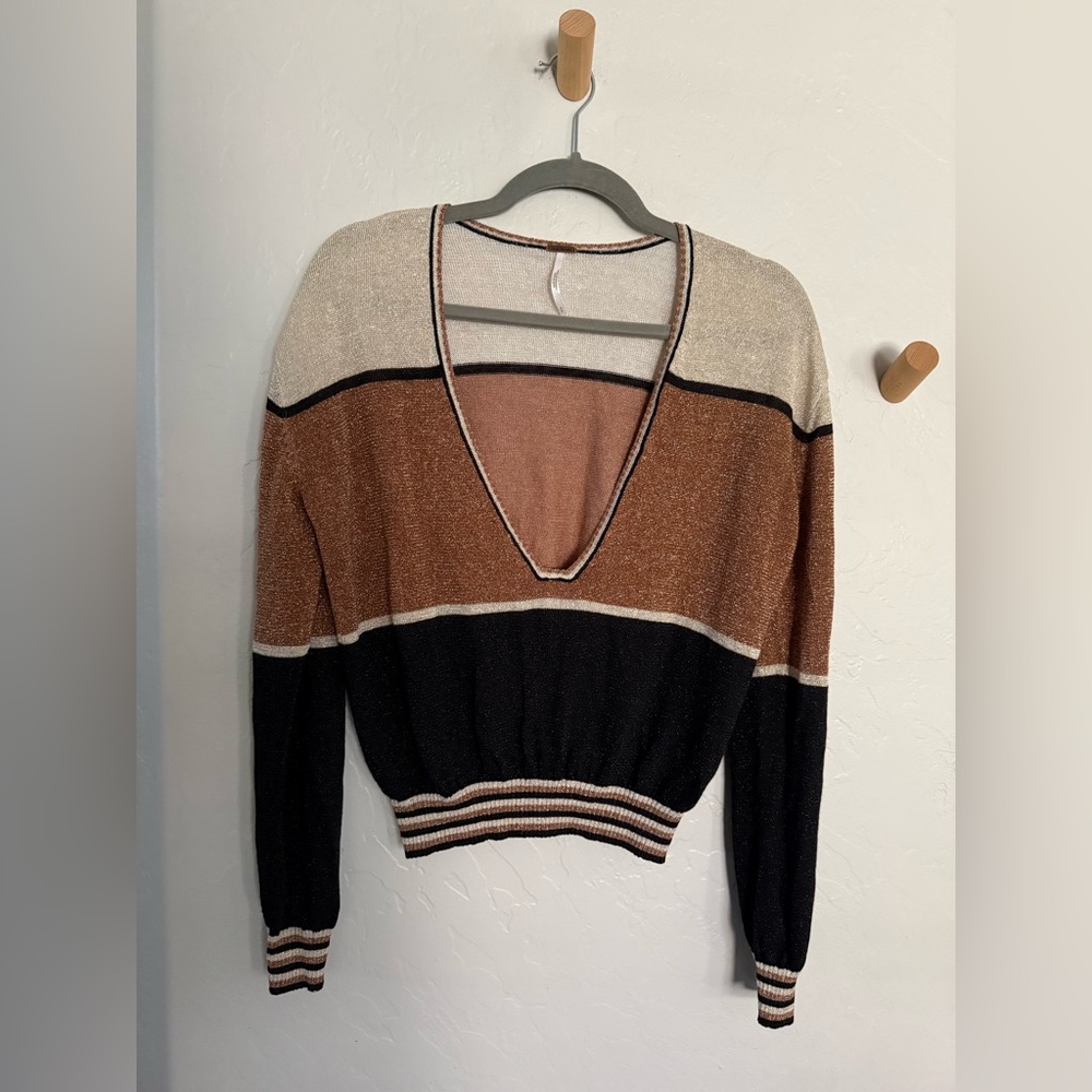 Free People V-Neck Colorblock Knit Sweater in Brown, Black & Cream